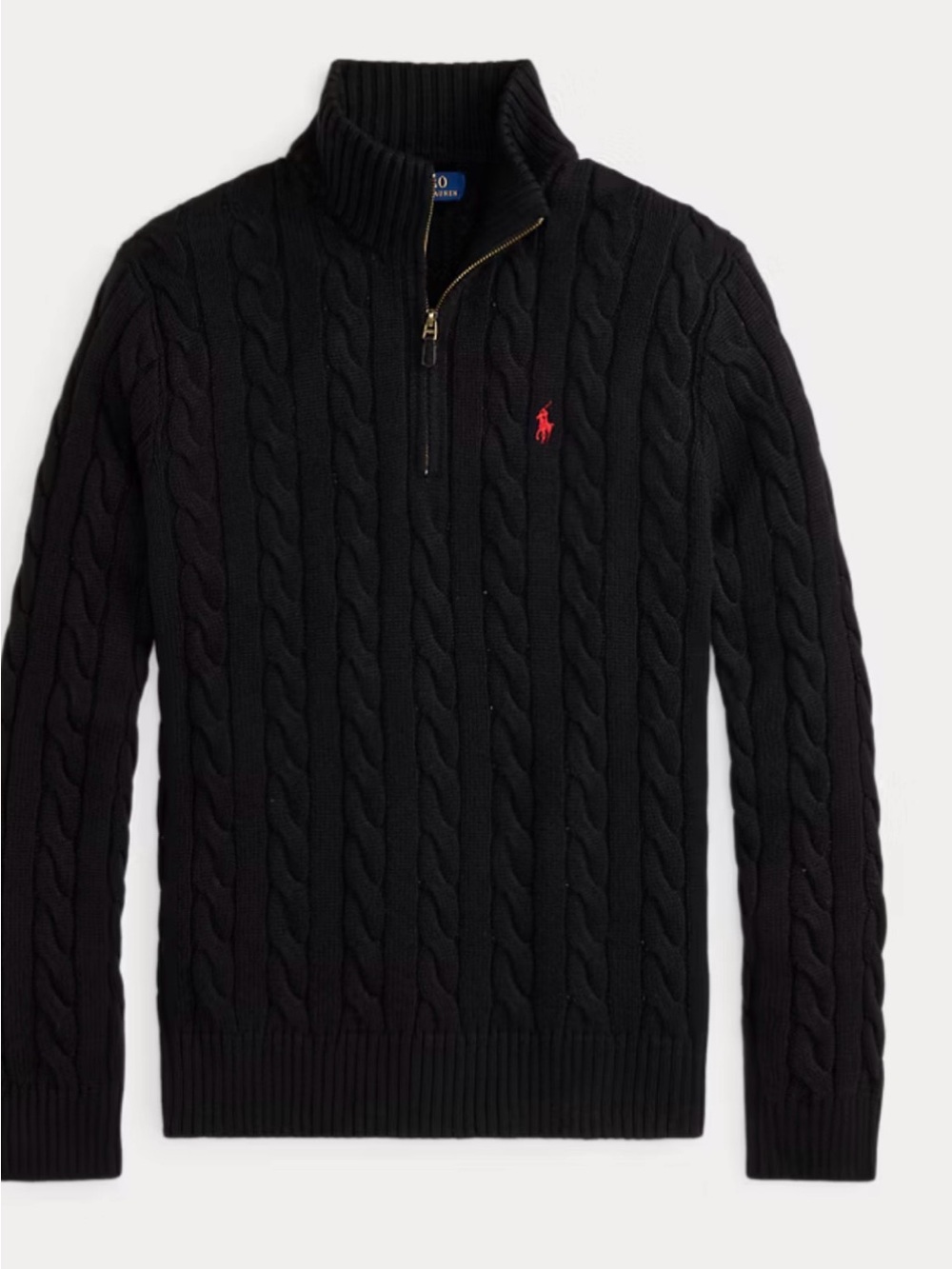 Polo by Ralph Lauren Black Cable-Knit Quarter-Zip Sweater with Red Pony XXL - Picture 2 of 9